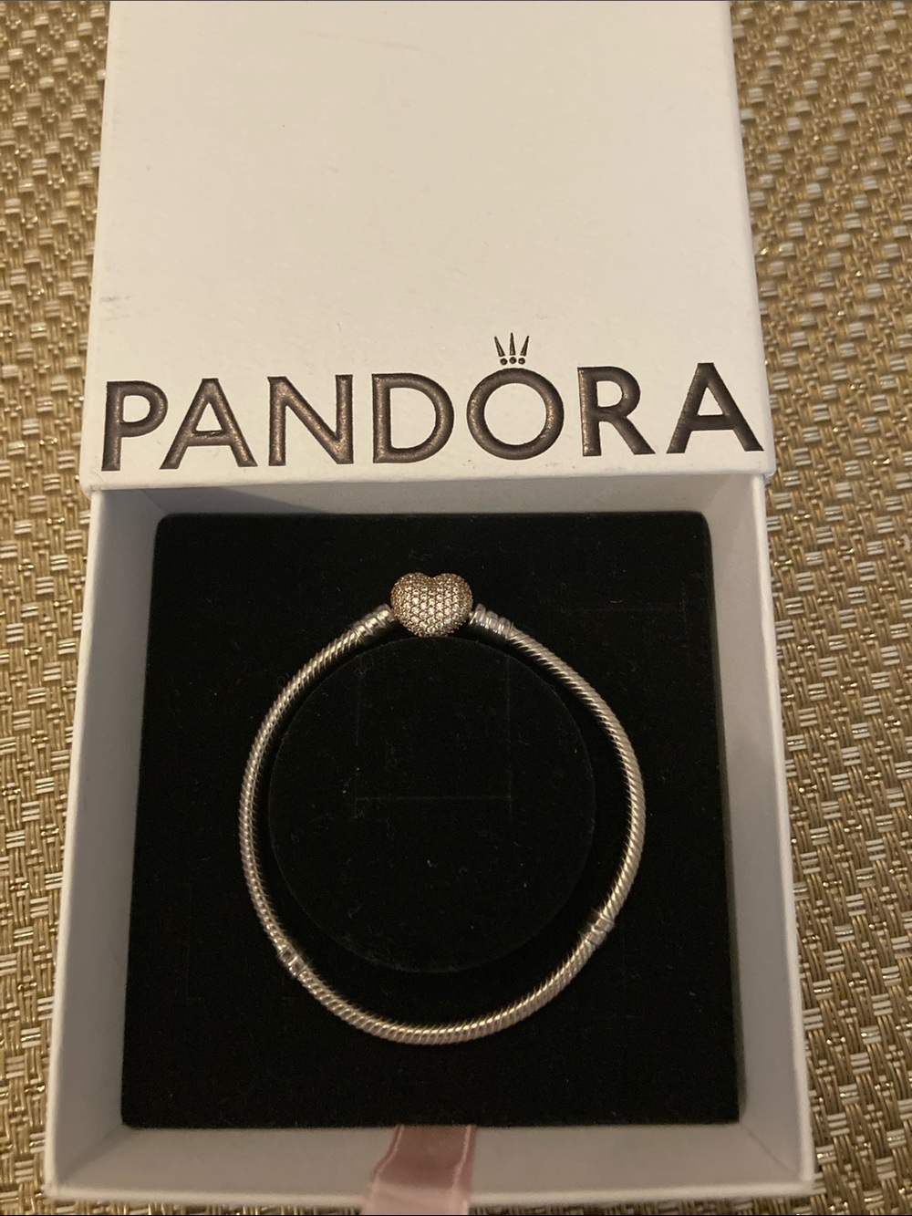 Pandora Sterling Silver Charm Bracelet with Rose Gold Pave Heart Clasp